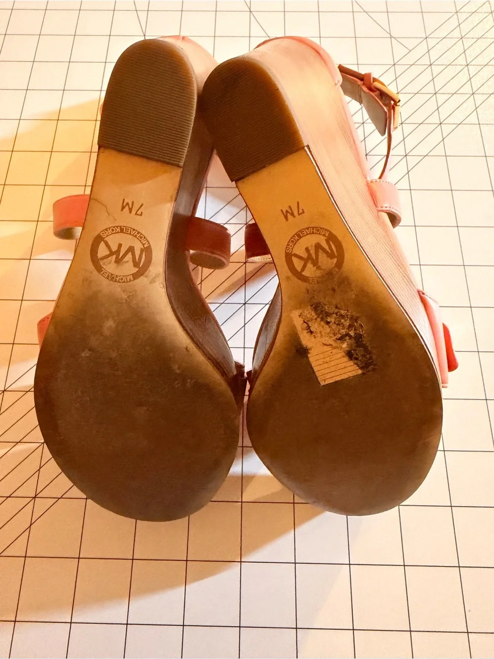 Michael Kors Coral Pink Wedge Sandals with Gold Buckle